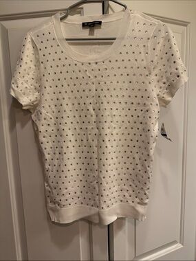 INC International Concepts Cream Short Sleeve Studded Knit Top